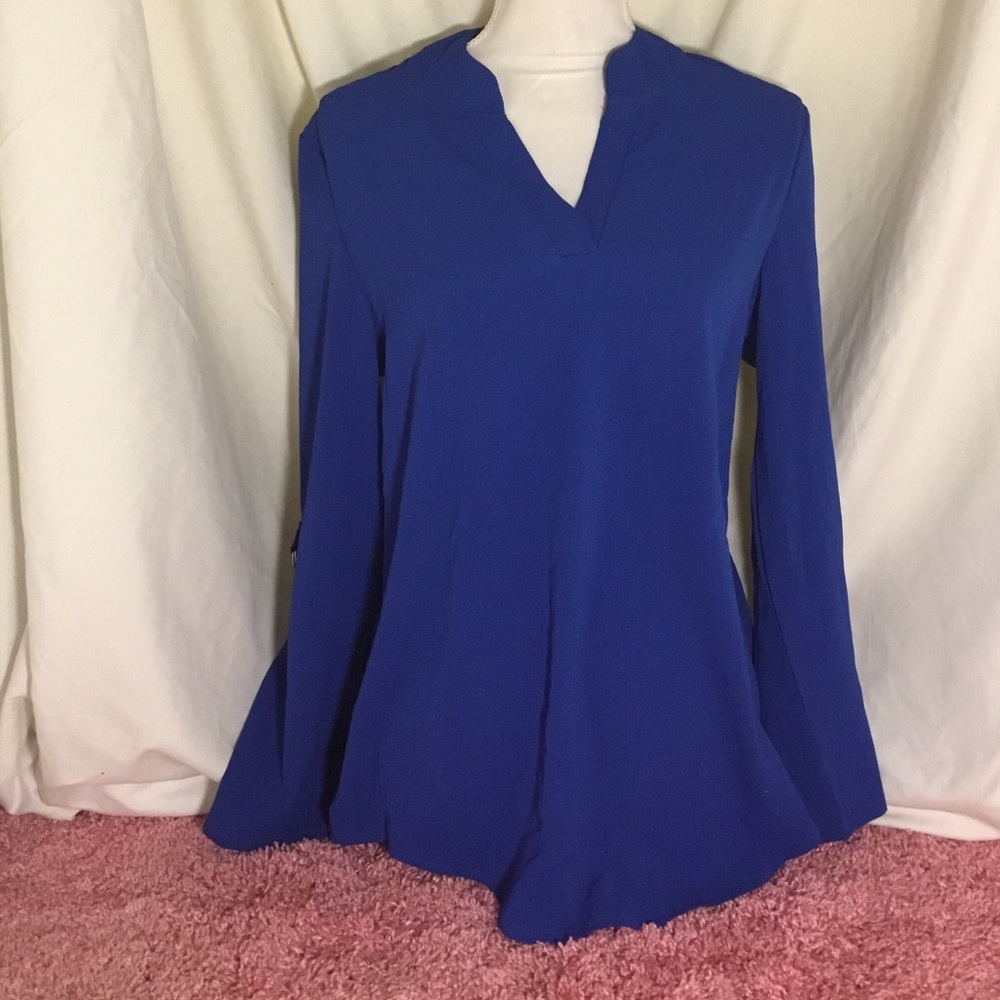 SHSHDHZX Blue Long Sleeve Relaxed Tunic with Mandarin Collar